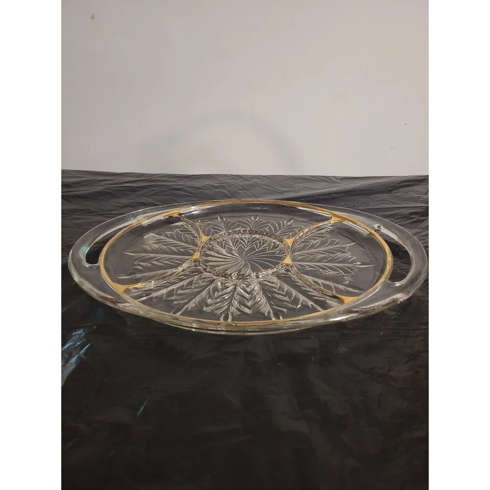 Unmarked Pressed Glass Oval Serving Tray w/ Handles, Clear Gold Trim Floral